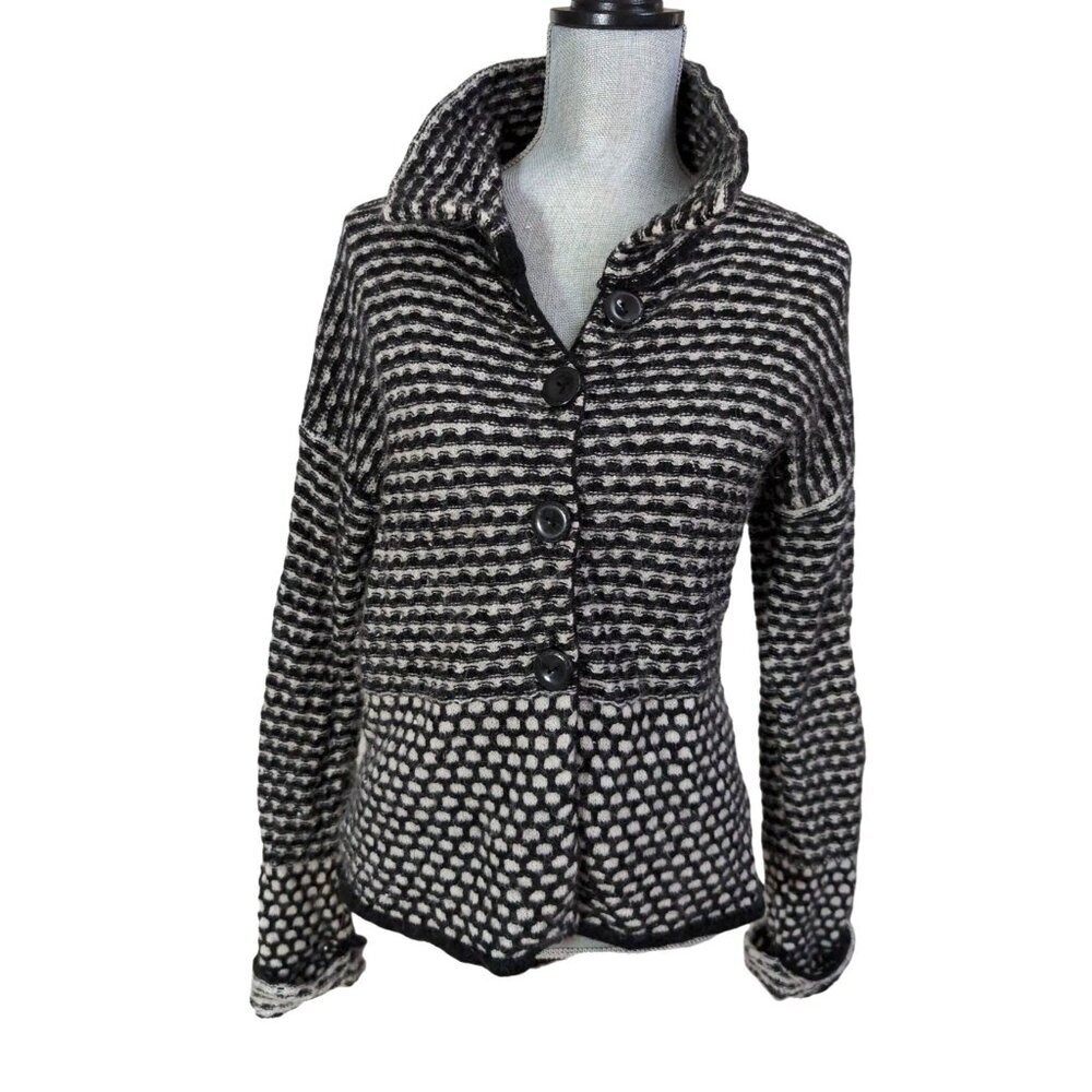 Chiaramente Cardigan‎ Sweater Womens L Black White Button Front Wool Blend Italy